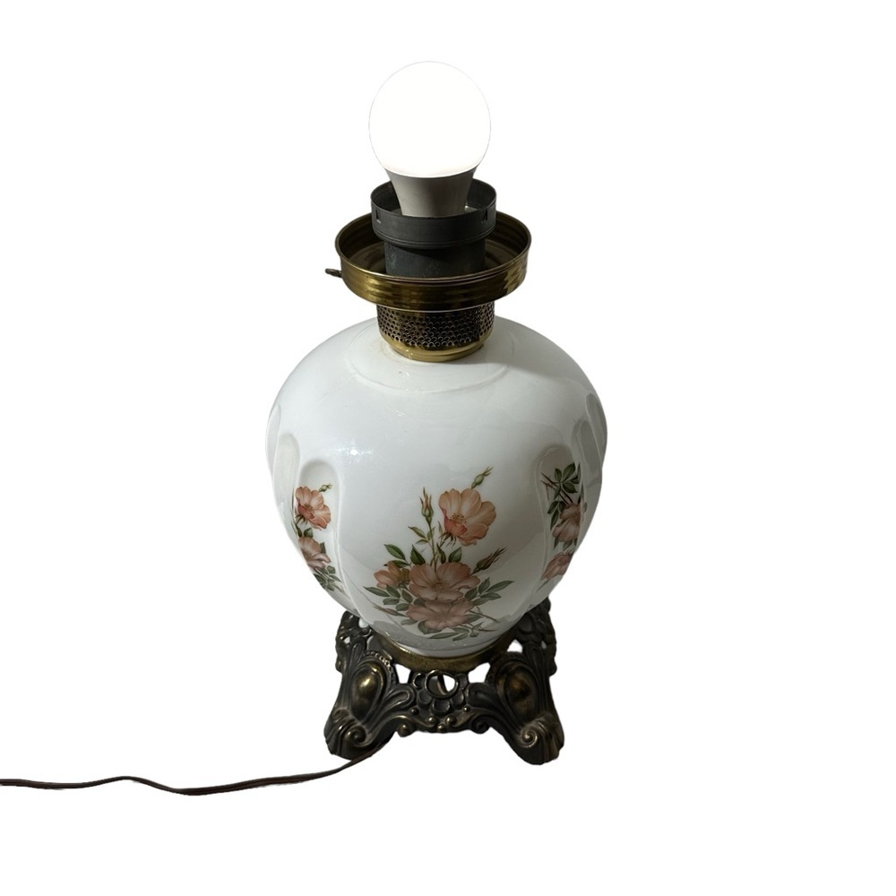 Vtg Hand Painted Floral Bulbous Ceramic Hurricane Parlor Lamp Brass Pedestal 24” - Picture 15 of 17